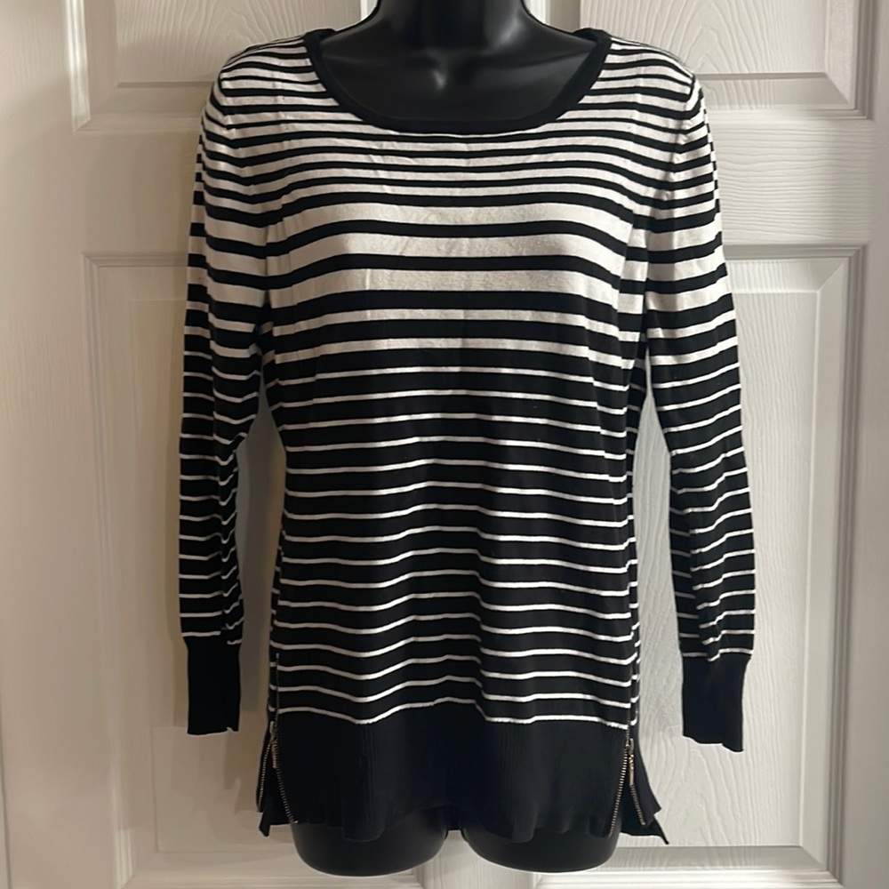 Cache black and white striped sweater size large.
